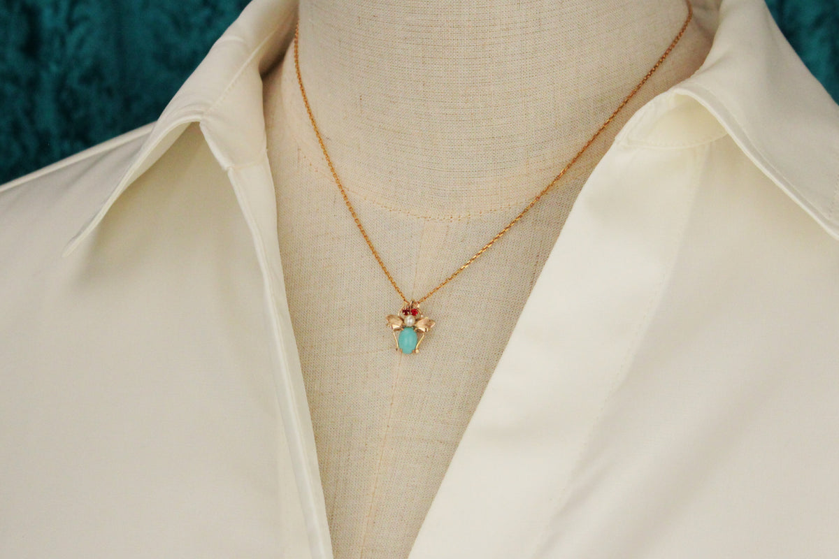 ANTIQUE EDWARDIAN c1900 RUBY TORQUIOSE & PEARL BEE PENDANT 14ct GOLD