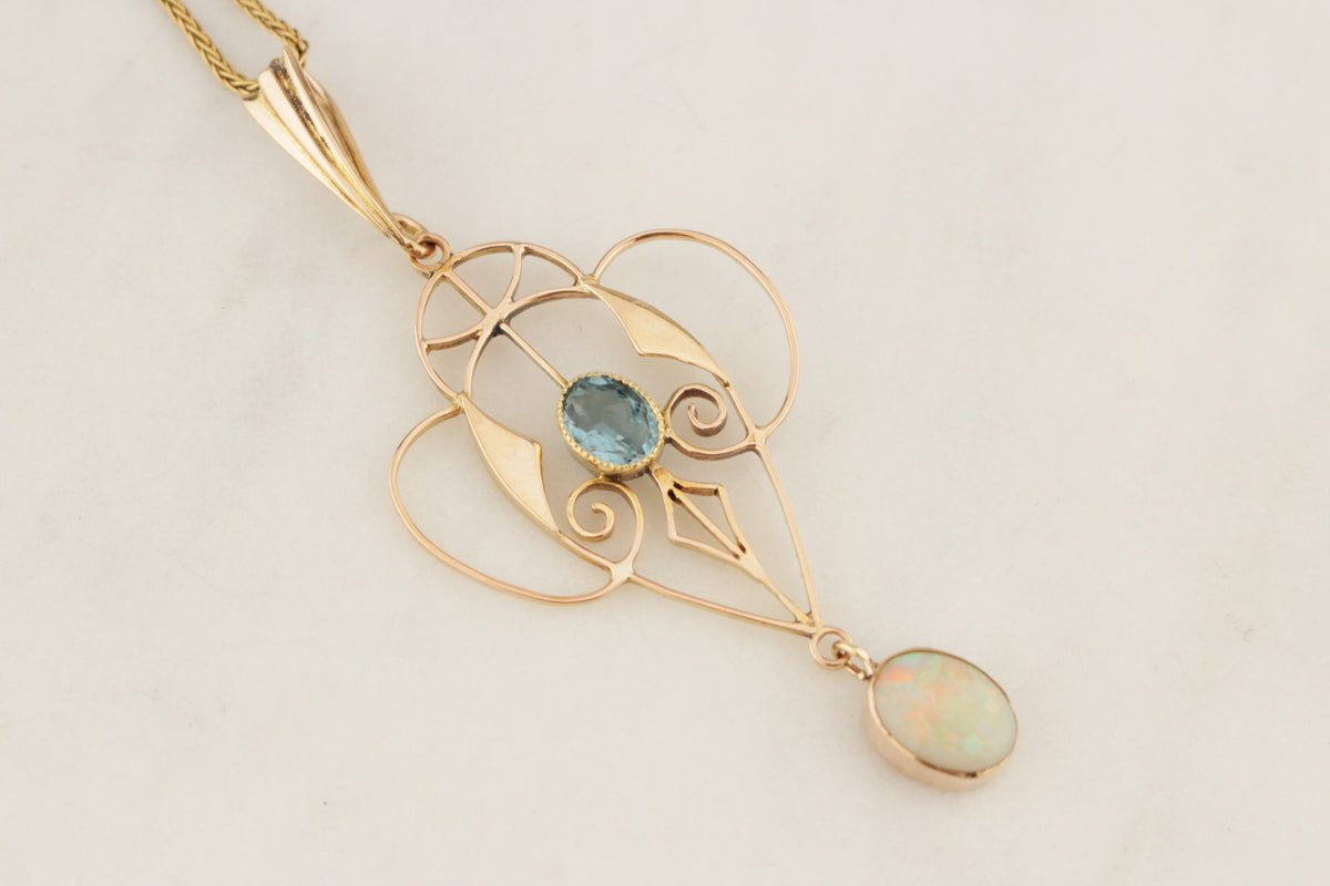 ANTIQUE ART NOUVEAU c1890 TOURMALINE & SOLID OPAL PENDANT 12ct YELLOW GOLD