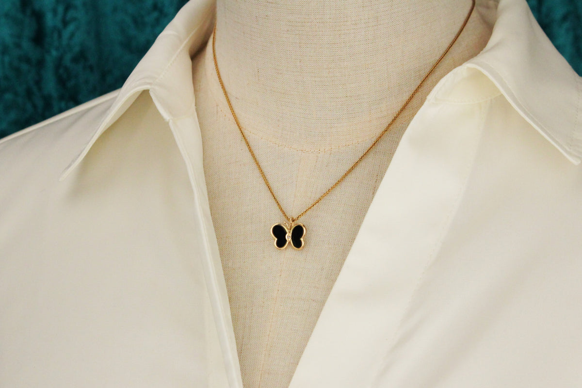 VINTAGE DIAMOND &amp; ONYX BUTTERFLY PENDANT 14ct  GOLD