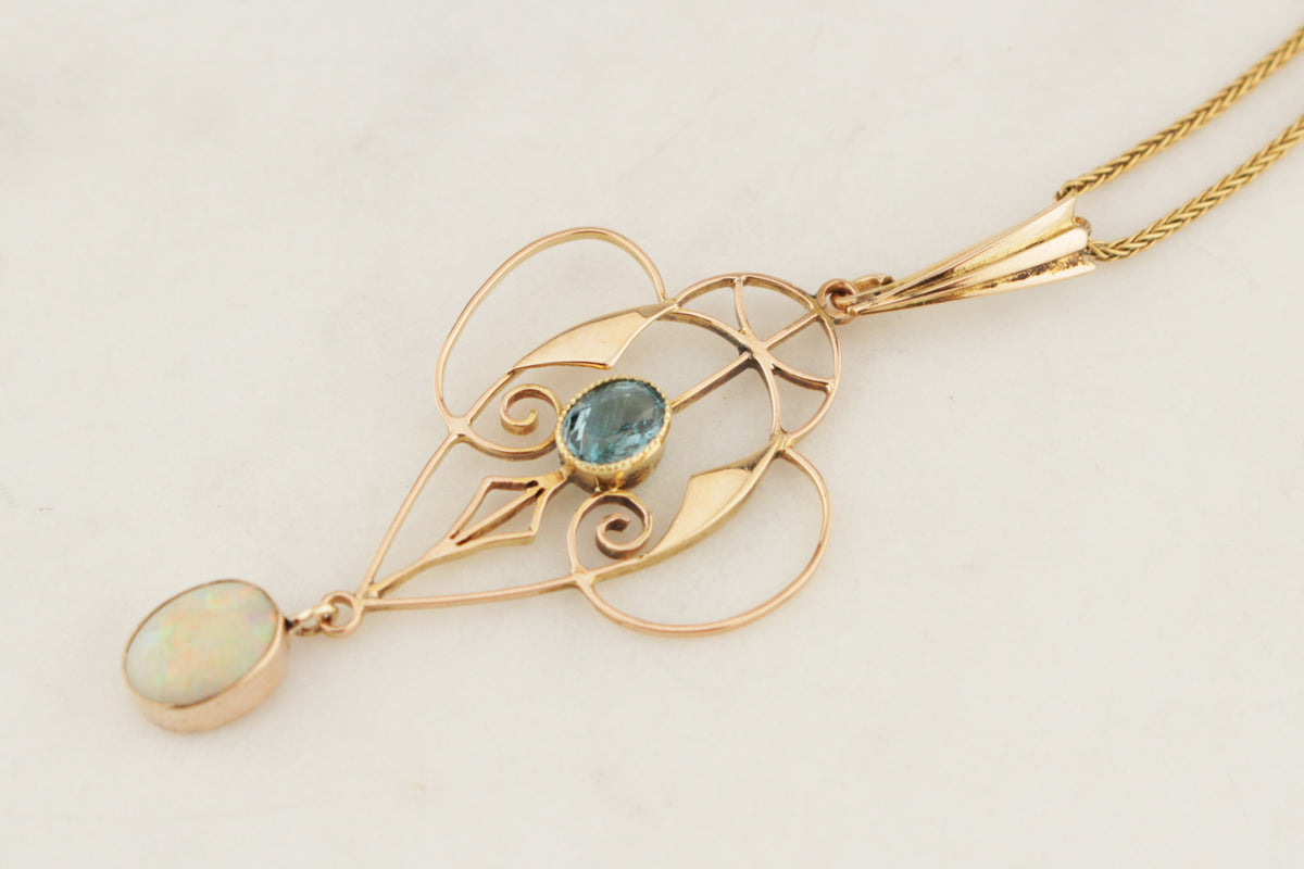 ANTIQUE ART NOUVEAU c1890 TOURMALINE & SOLID OPAL PENDANT 12ct YELLOW GOLD