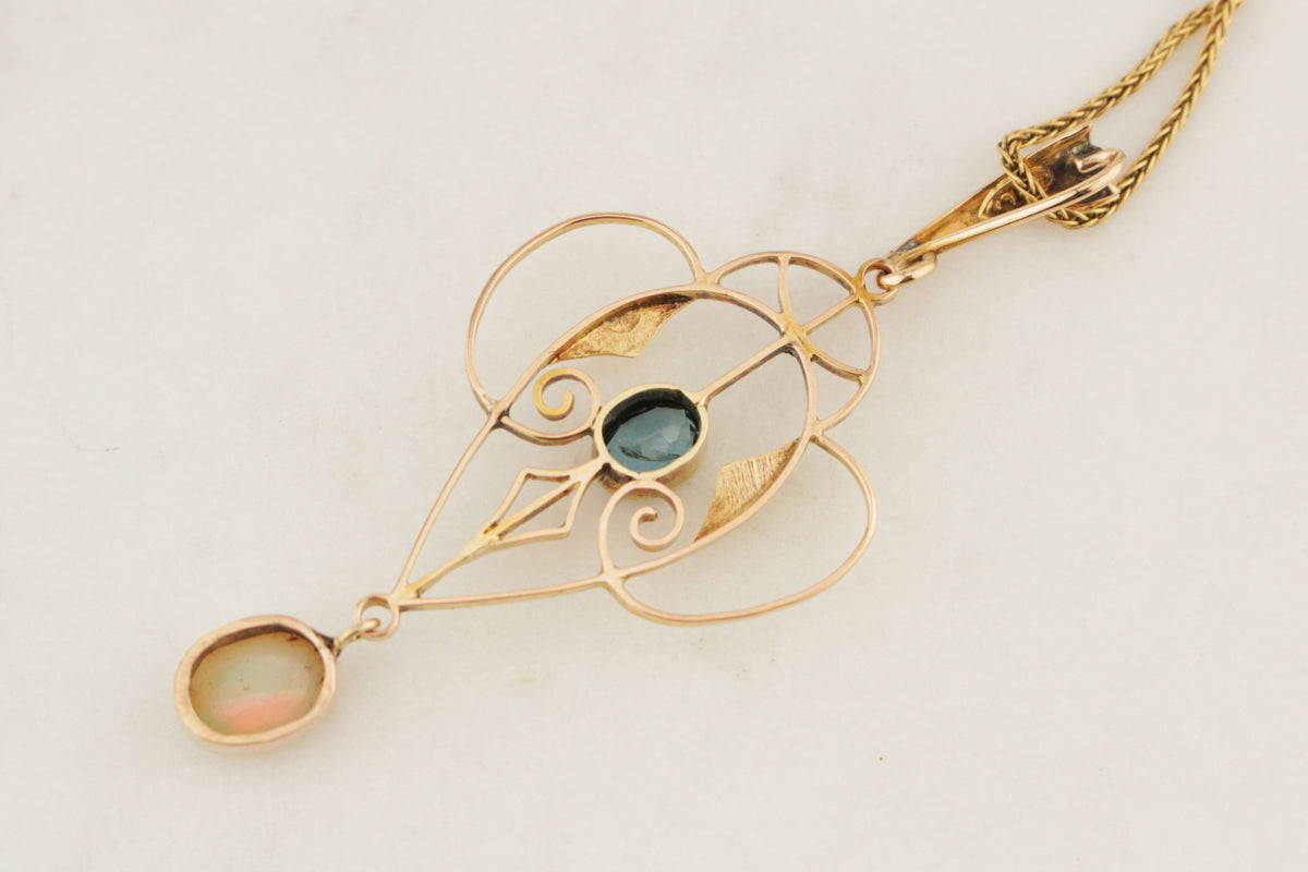 ANTIQUE ART NOUVEAU c1890 TOURMALINE & SOLID OPAL PENDANT 12ct YELLOW GOLD