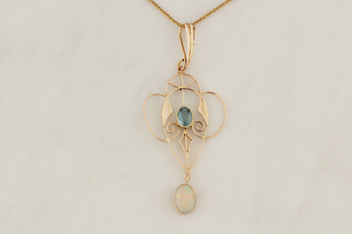 ANTIQUE ART NOUVEAU c1890 TOURMALINE & SOLID OPAL PENDANT 12ct YELLOW GOLD