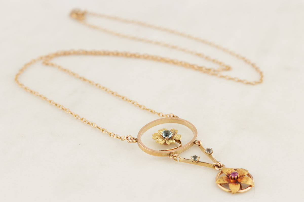 ANTIQUE ART NOUVEAU c1900 RUBY & PASTE NECKLACE 15ct YELLOW GOLD