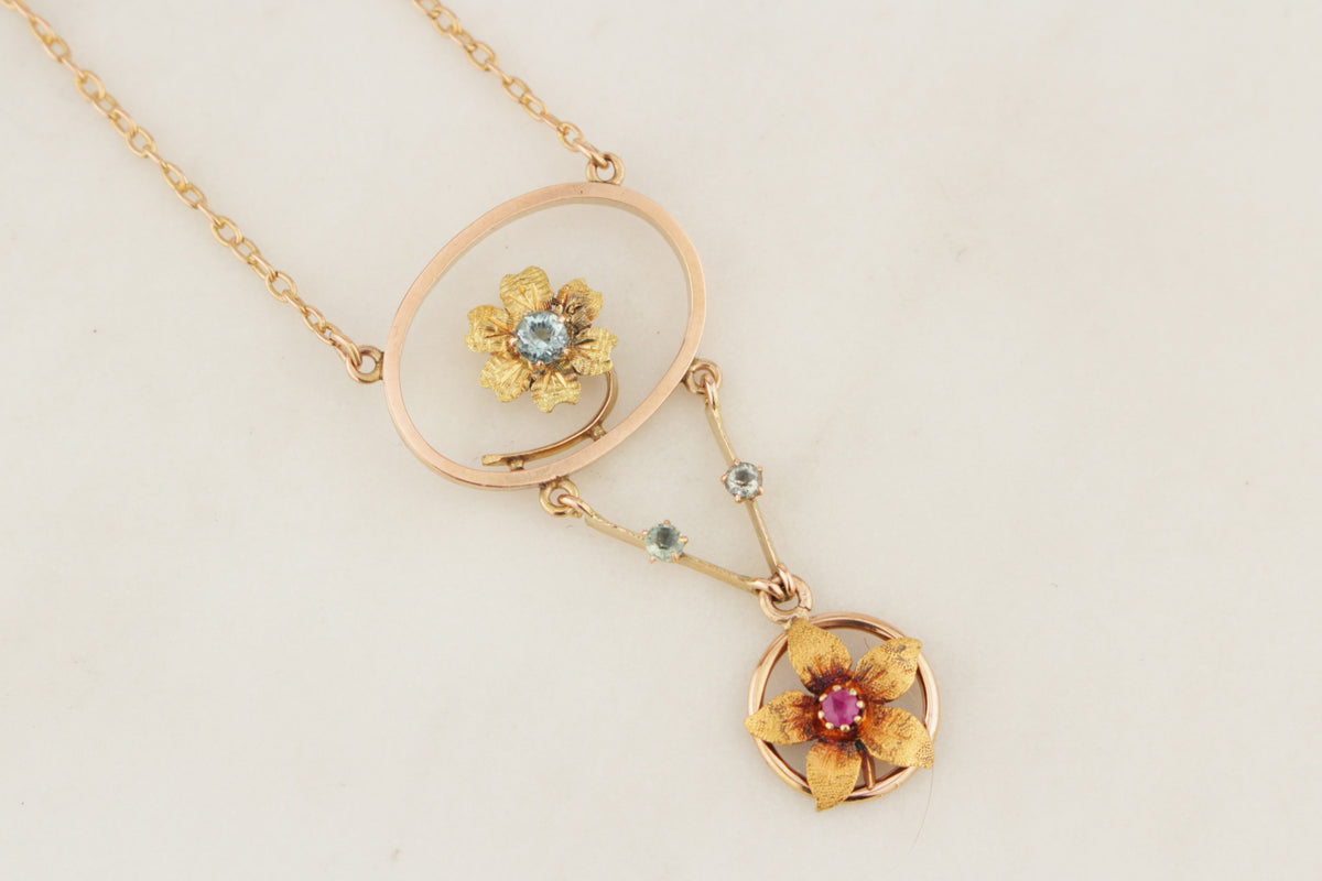 ANTIQUE ART NOUVEAU c1900 RUBY & PASTE NECKLACE 15ct YELLOW GOLD