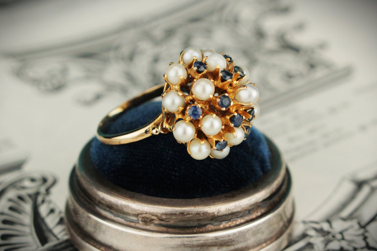 VINTAGE c1940 SAPPHIRE &amp; PEARL PRINCESS RING 9ct GOLD