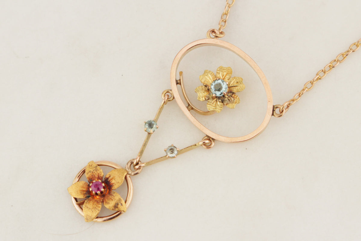 ANTIQUE ART NOUVEAU c1900 RUBY & PASTE NECKLACE 15ct YELLOW GOLD