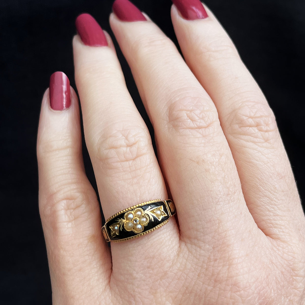 EDWARDIAN 1904 DIAMOND &amp; SEED PEARL MOURNING RING 15ct GOLD