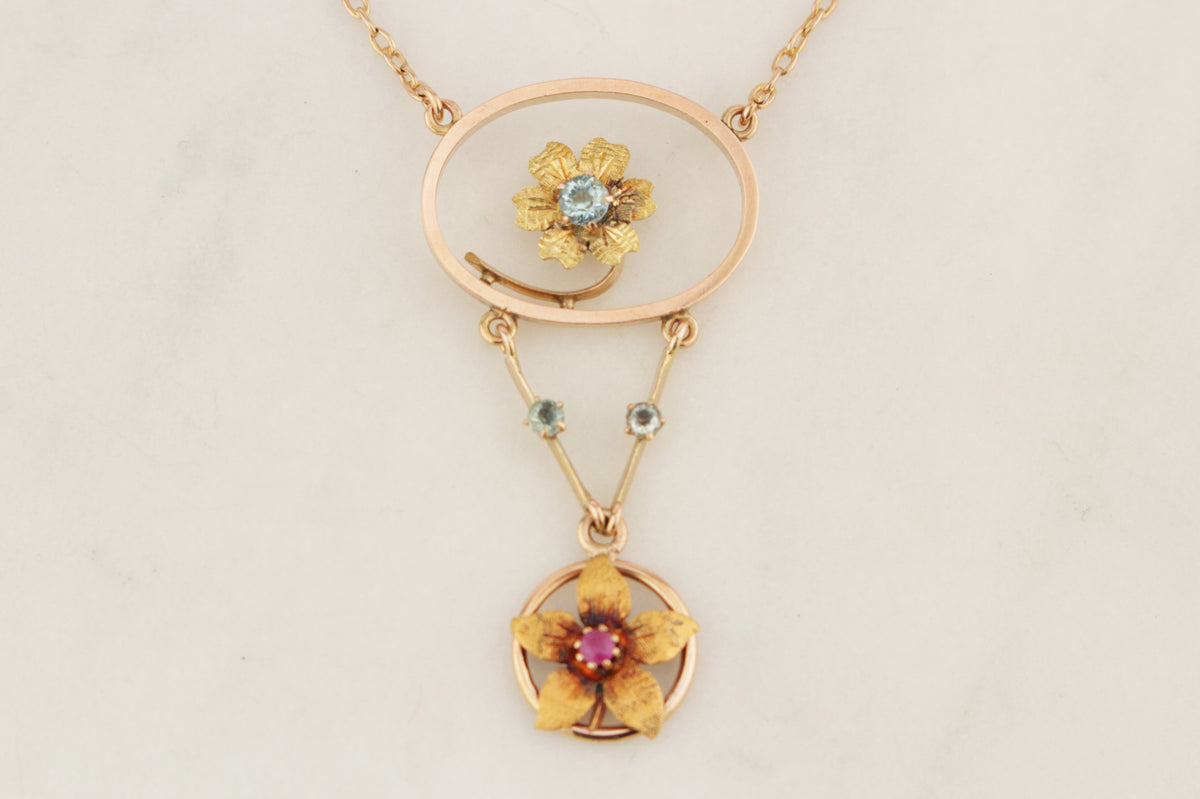 ANTIQUE ART NOUVEAU c1900 RUBY & PASTE NECKLACE 15ct YELLOW GOLD