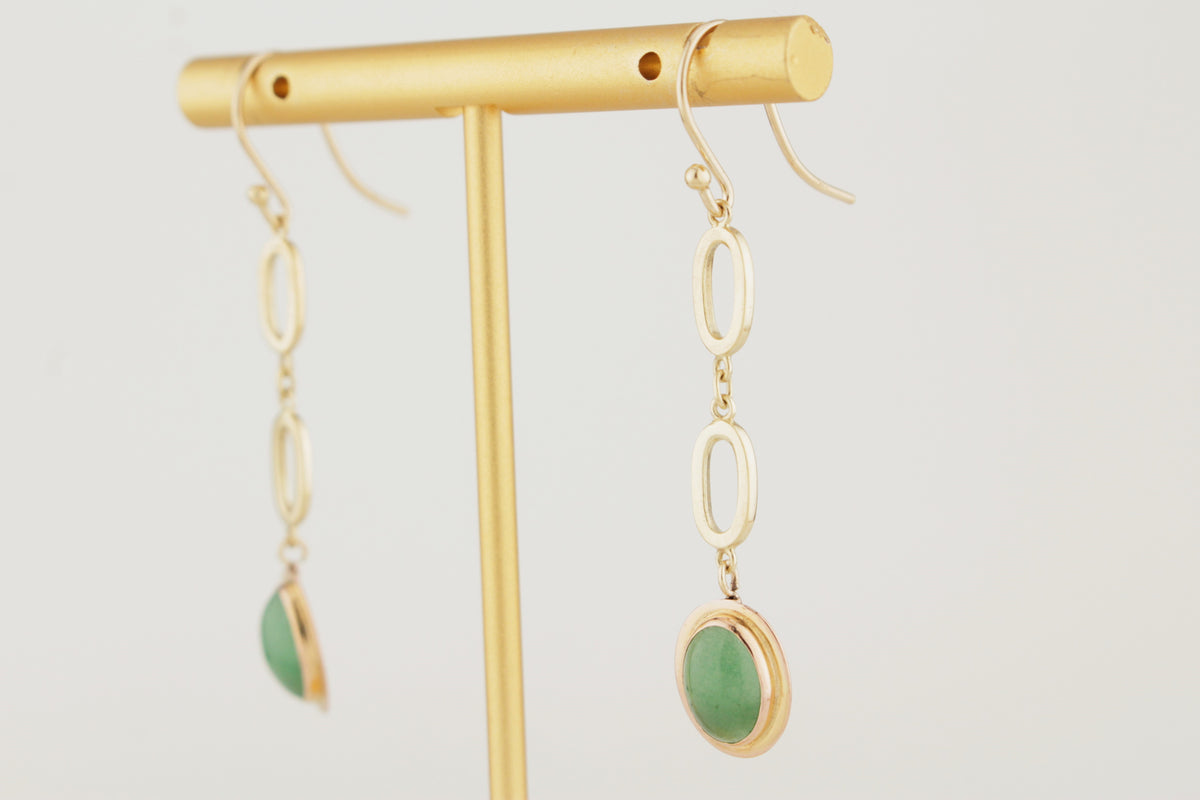 VINTAGE AVENTURINE QUARTZ EARRINGS 14ct YELLOW GOLD