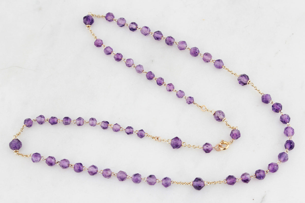 VINTAGE c1930 AMETHYST BEAD NECKLACE 9ct GOLD