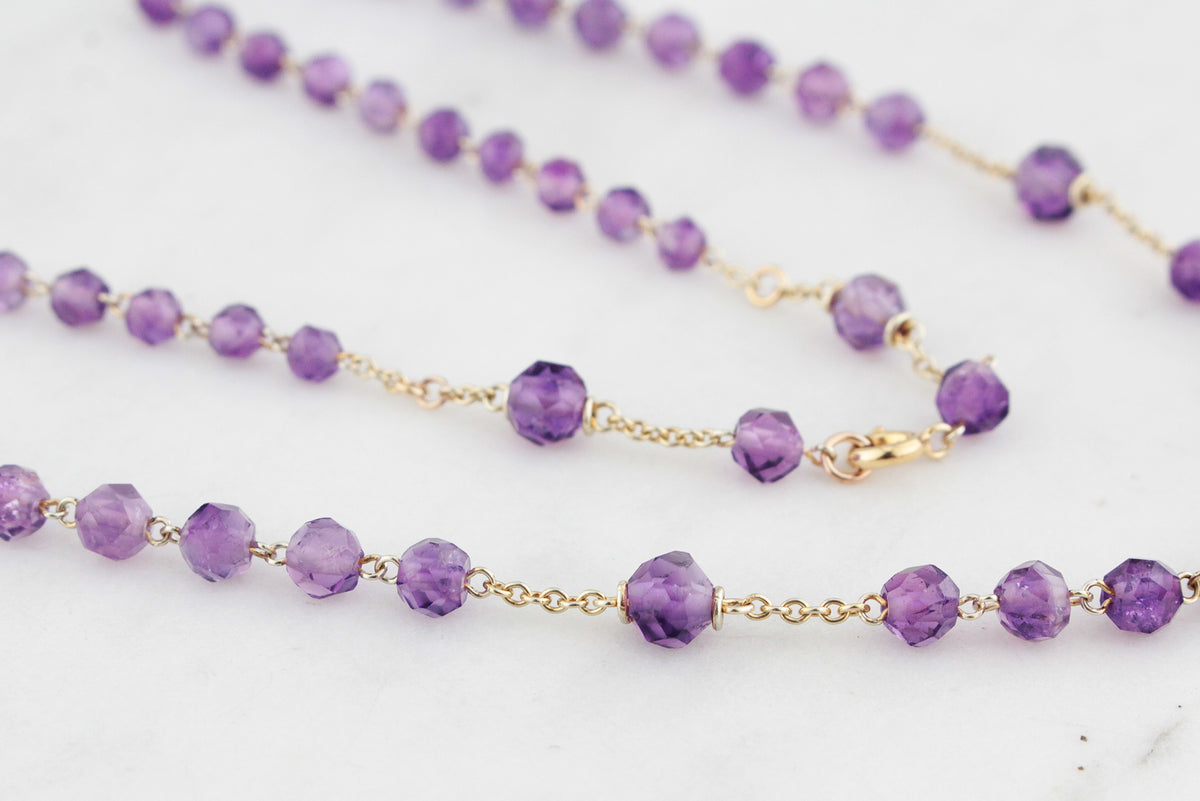 VINTAGE c1930 AMETHYST BEAD NECKLACE 9ct GOLD