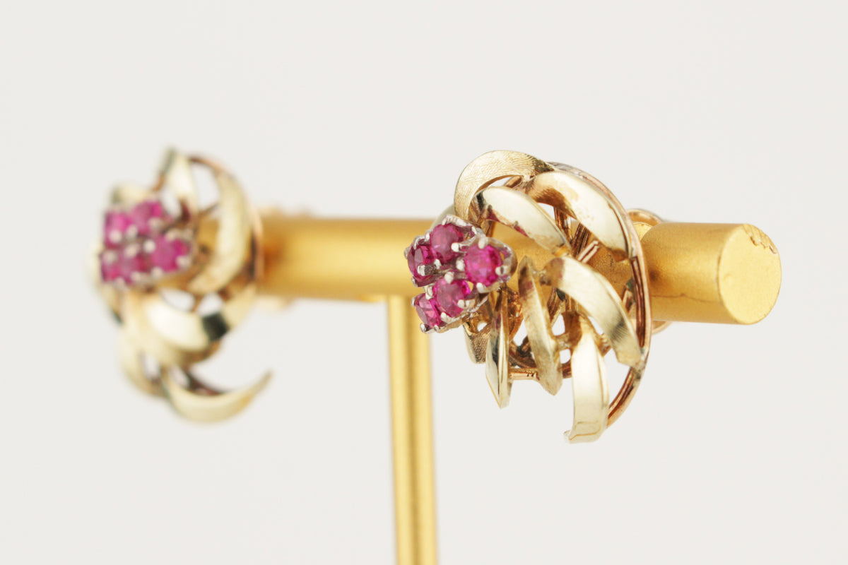 VINTAGE c1940 RUBY EARRINGS 18ct YELLOW GOLD