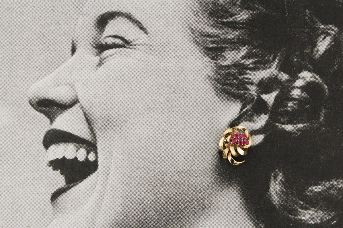 VINTAGE c1940 RUBY EARRINGS 18ct YELLOW GOLD
