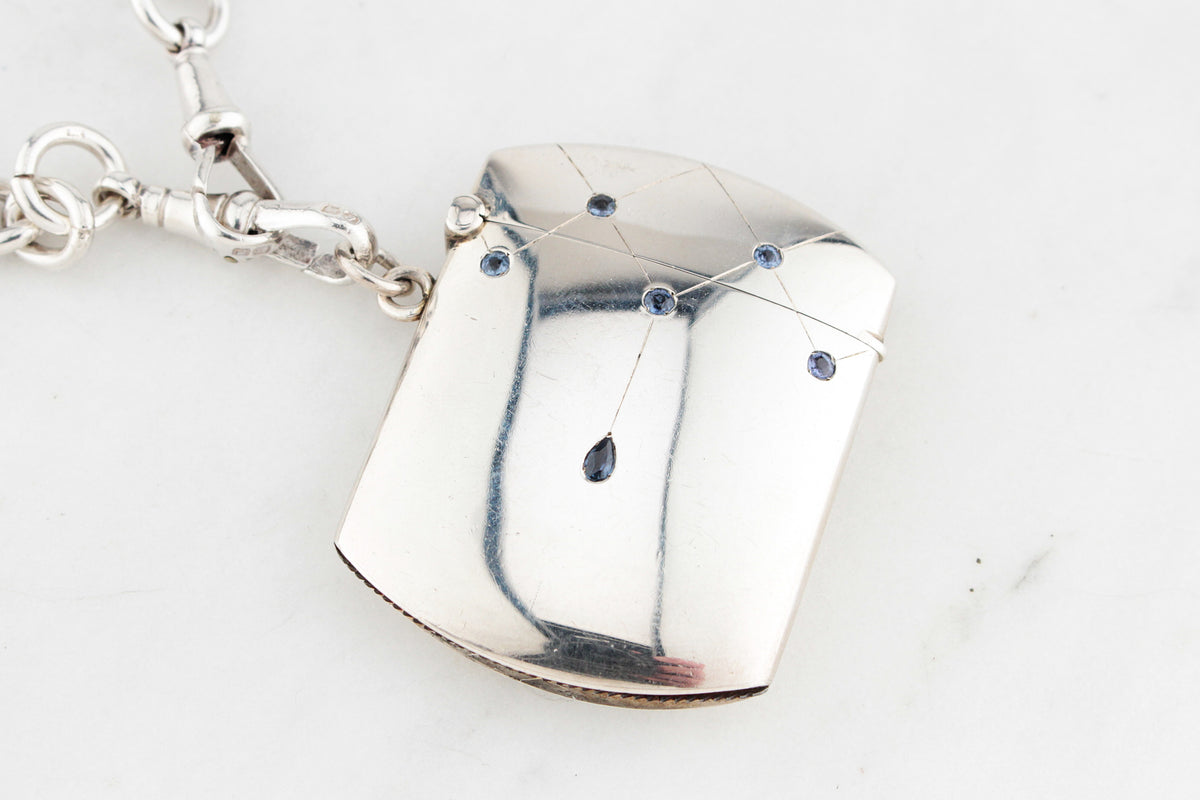 ANTIQUE EDWARDIAN SAPPHIRE STERLING SILVER VESTA CASE
