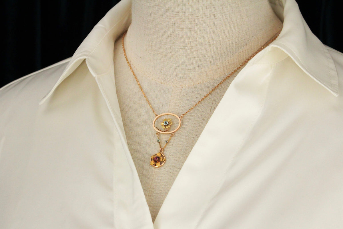 ANTIQUE ART NOUVEAU c1900 RUBY & PASTE NECKLACE 15ct YELLOW GOLD