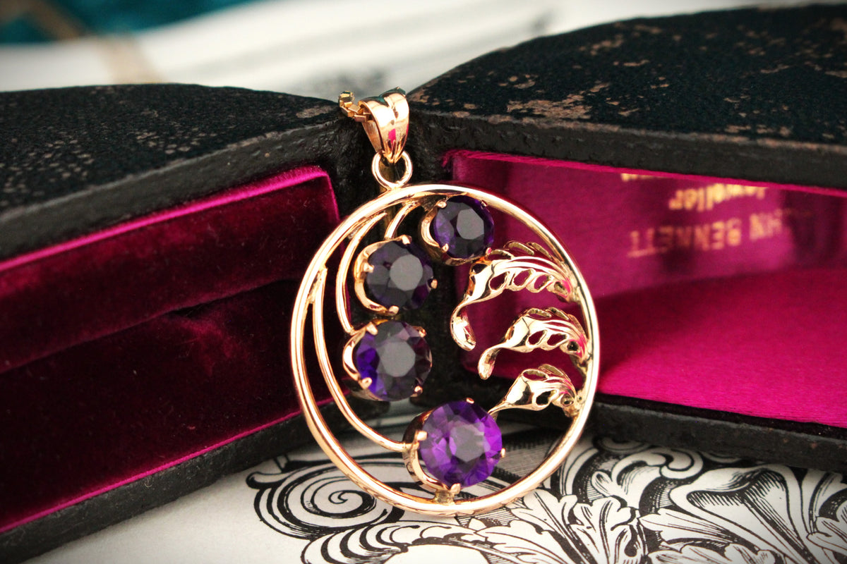 ANTIQUE ART NOUVEAU c1910 AMETHYST PENDANT 14ct GOLD