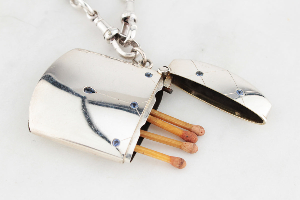 ANTIQUE EDWARDIAN SAPPHIRE STERLING SILVER VESTA CASE