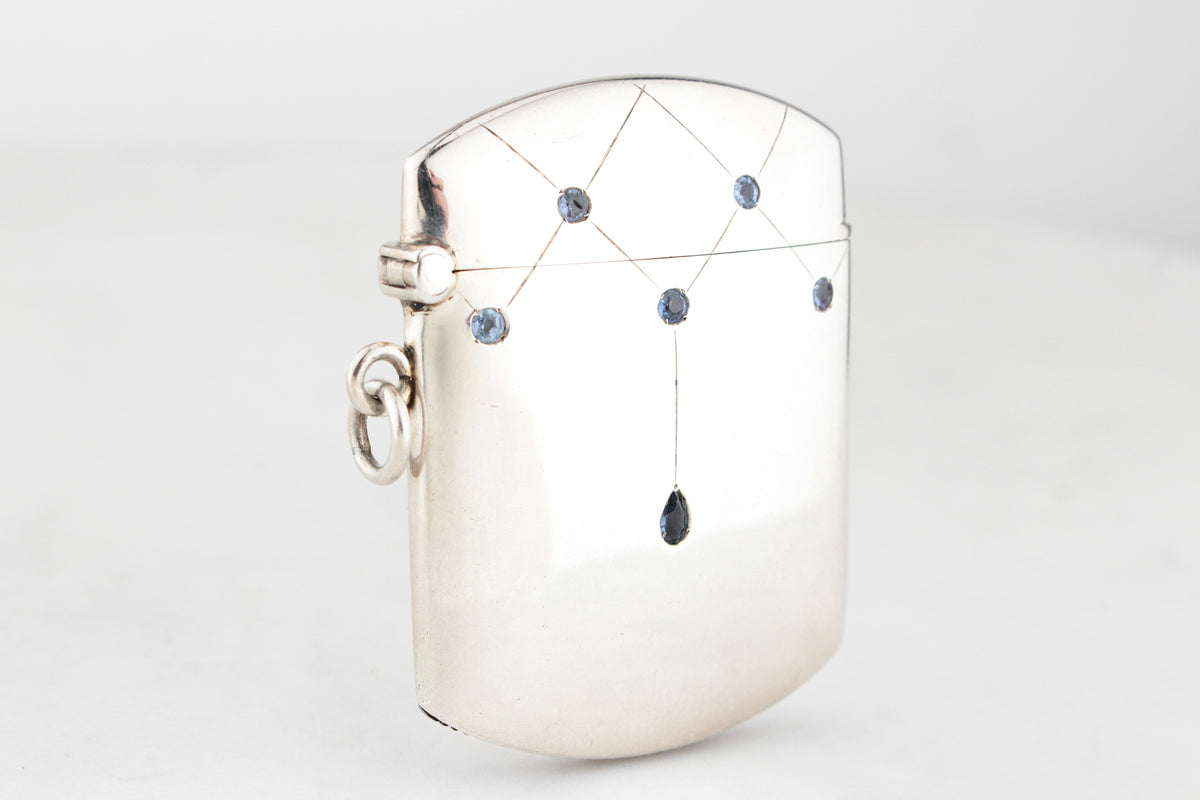 ANTIQUE EDWARDIAN SAPPHIRE STERLING SILVER VESTA CASE