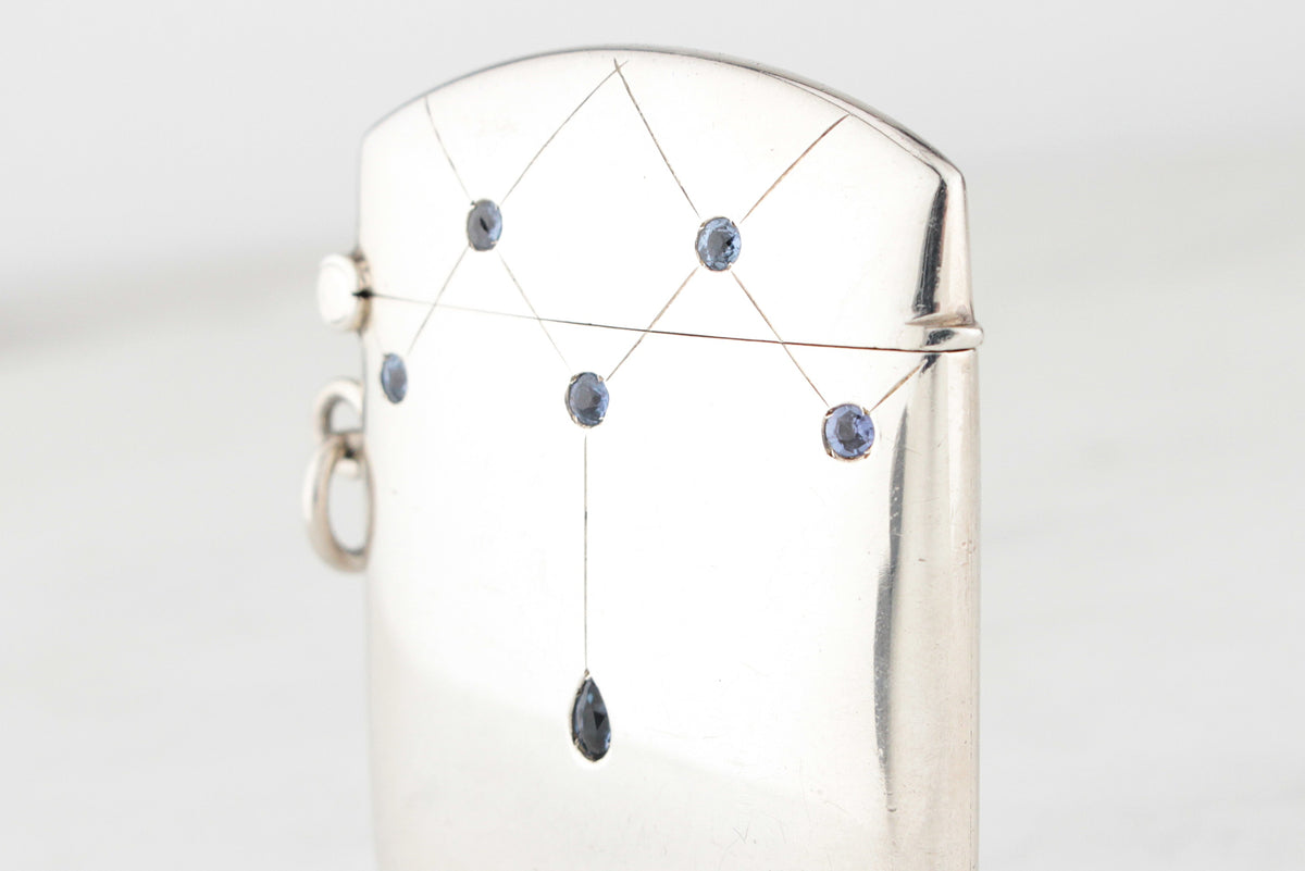 ANTIQUE EDWARDIAN SAPPHIRE STERLING SILVER VESTA CASE