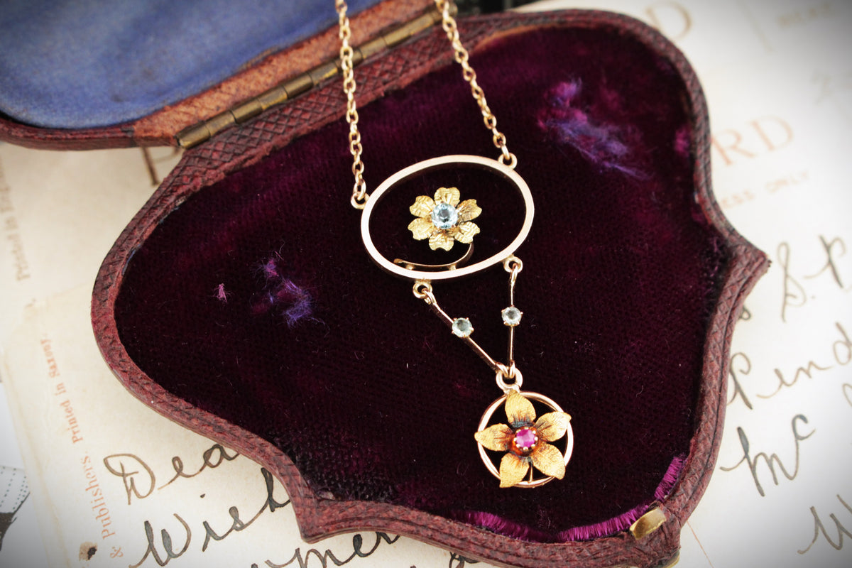 ANTIQUE ART NOUVEAU c1900 RUBY & PASTE NECKLACE 15ct YELLOW GOLD