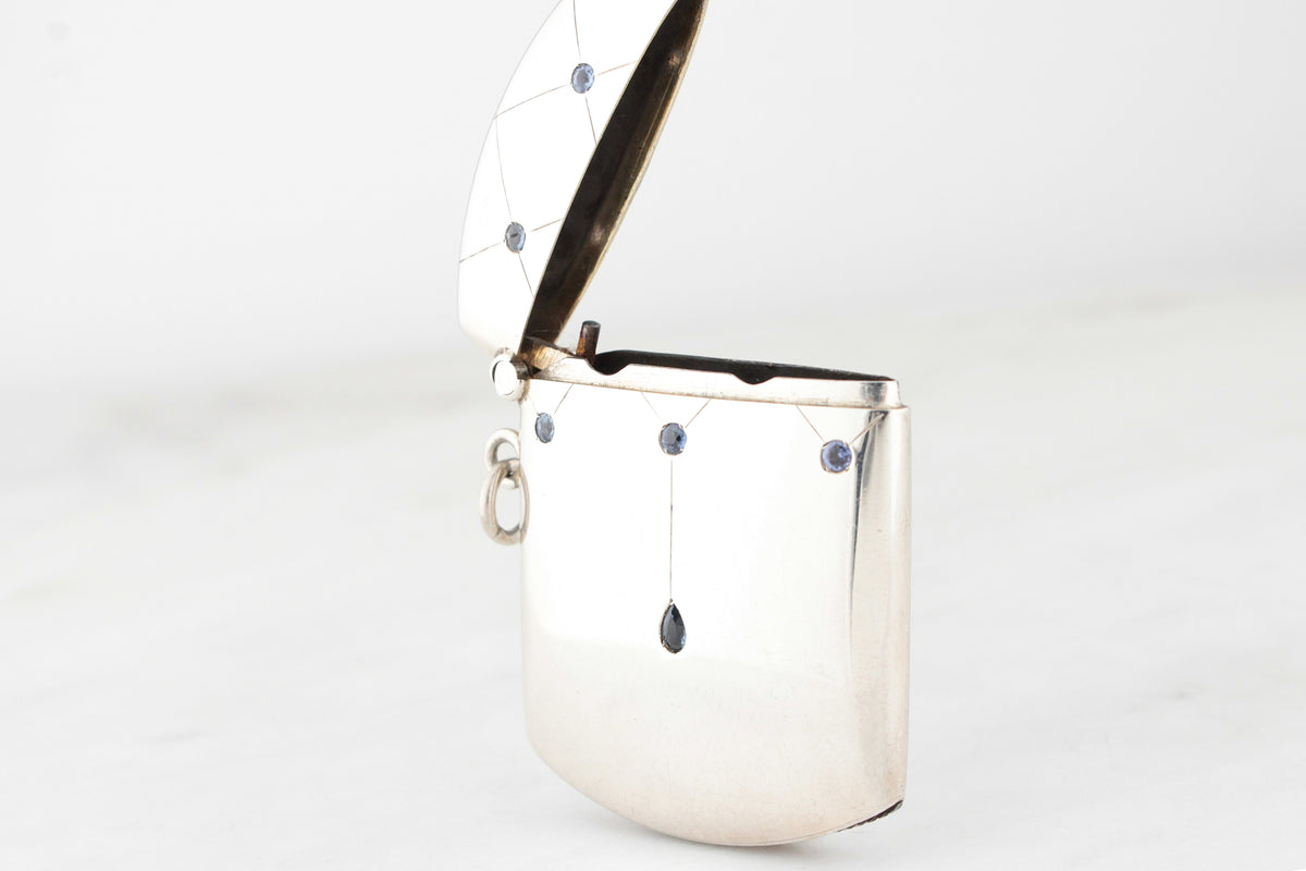 ANTIQUE EDWARDIAN SAPPHIRE STERLING SILVER VESTA CASE