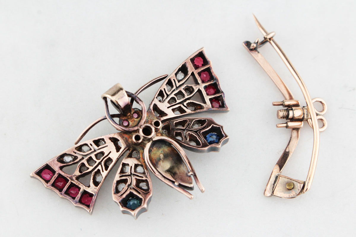 ANTIQUE c1890 DIAMOND SAPPHIRE &amp; SPINEL BUTTERFLY PENDANT/BROOCH