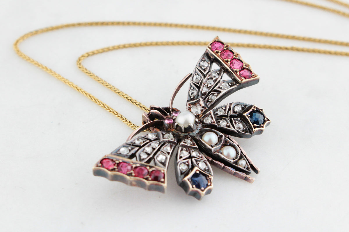 ANTIQUE c1890 DIAMOND SAPPHIRE &amp; SPINEL BUTTERFLY PENDANT/BROOCH