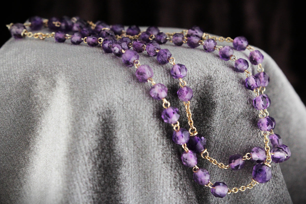 VINTAGE c1930 AMETHYST BEAD NECKLACE 9ct GOLD