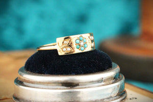 ANTIQUE VICTORIAN 1863 TURQUOISE & SEED PEARL RING 22ct GOLD