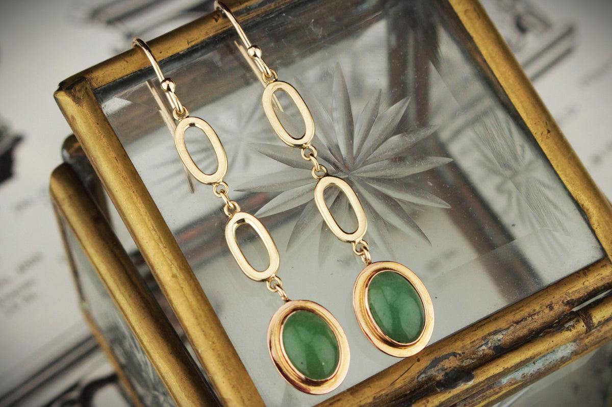 VINTAGE AVENTURINE QUARTZ EARRINGS 14ct YELLOW GOLD