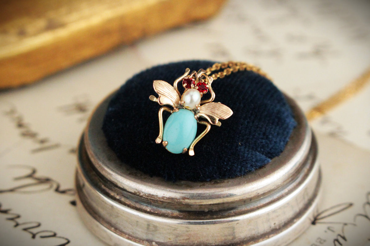 ANTIQUE EDWARDIAN c1900 RUBY TORQUIOSE & PEARL BEE PENDANT 14ct GOLD