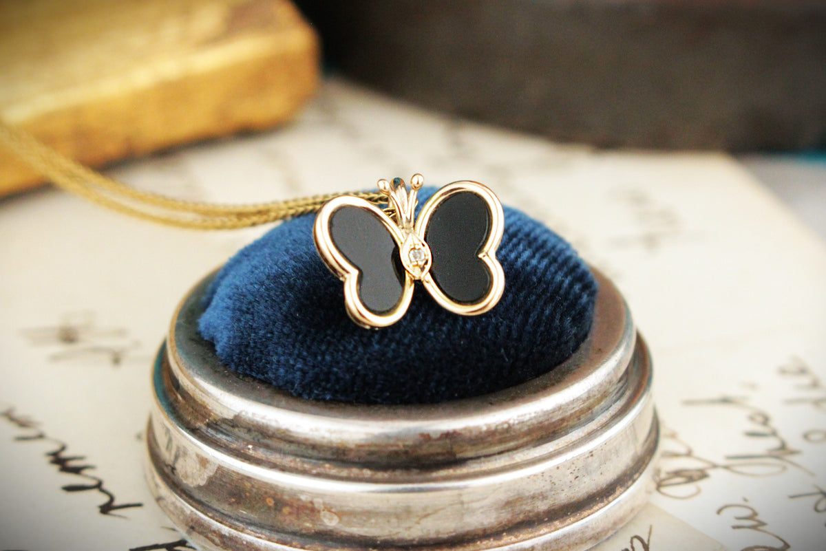 VINTAGE DIAMOND &amp; ONYX BUTTERFLY PENDANT 14ct  GOLD