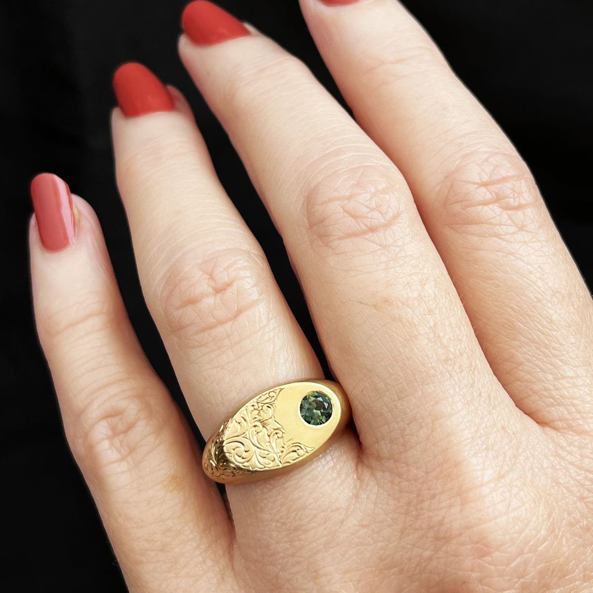 CUSTOM PARTI SAPPHIRE ETCHED SIGNET RING 9ct GOLD