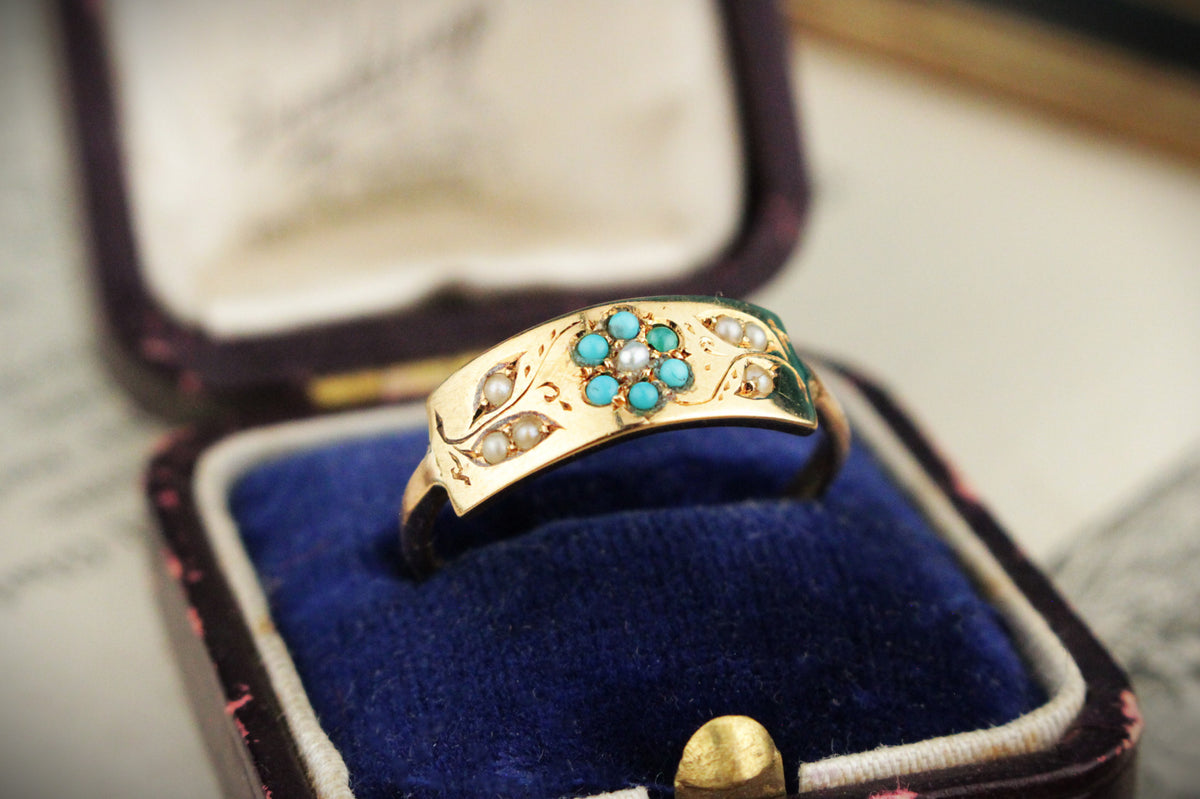ANTIQUE VICTORIAN 1863 TURQUOISE &amp; SEED PEARL RING 22ct GOLD