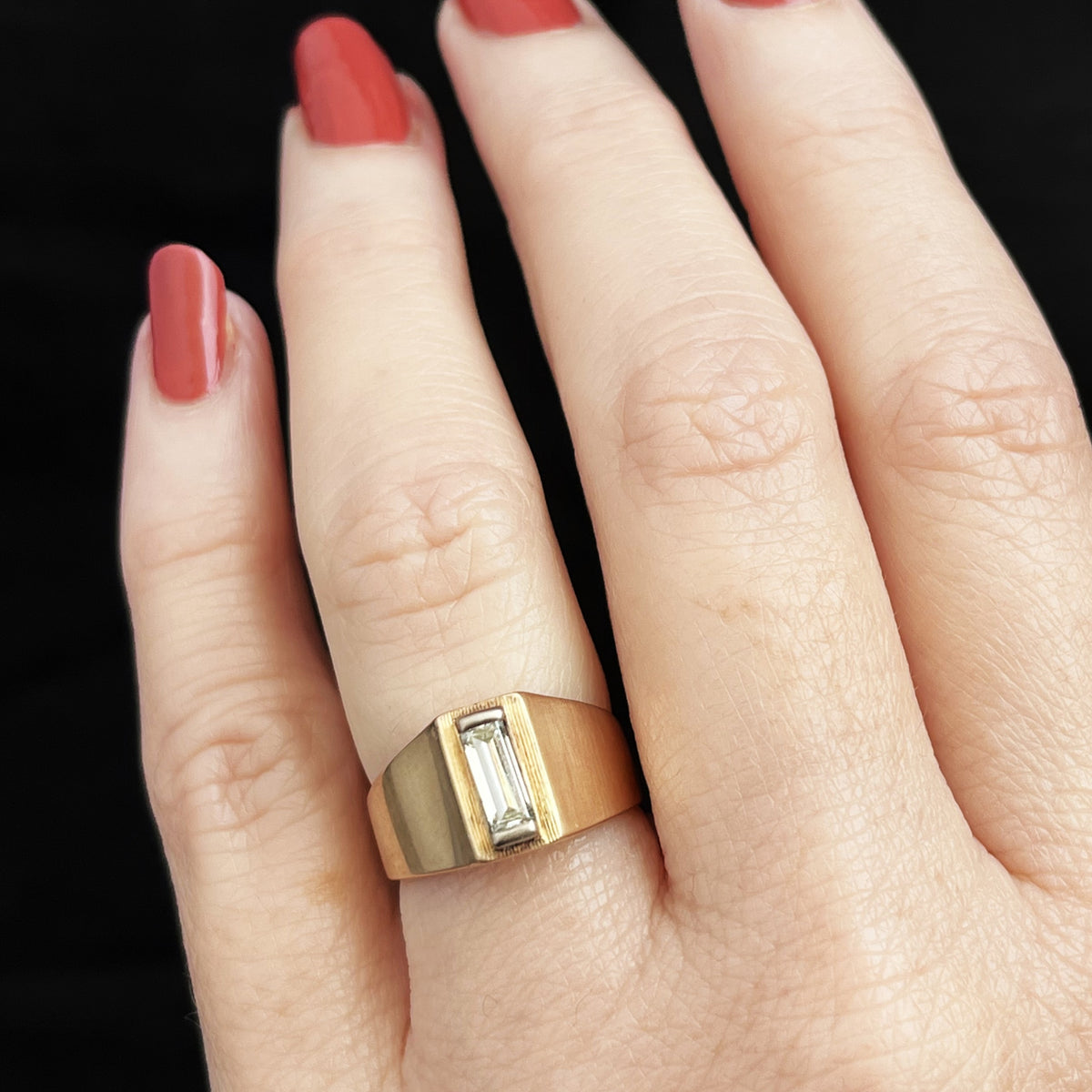 RETRO c1970 BAGUETTE CUT DIAMOND RING 9ct GOLD