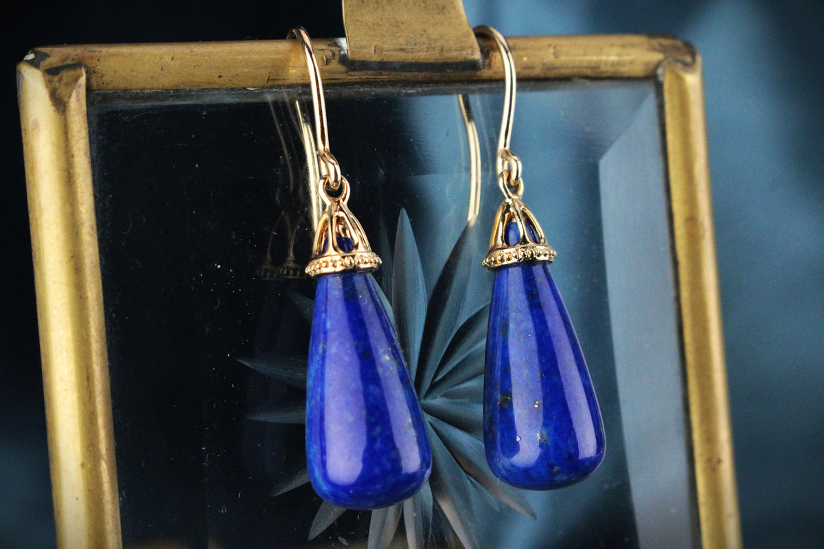 VINTAGE MID CENTURY LAPIS LAZULI DROP EARRINGS 9ct GOLD