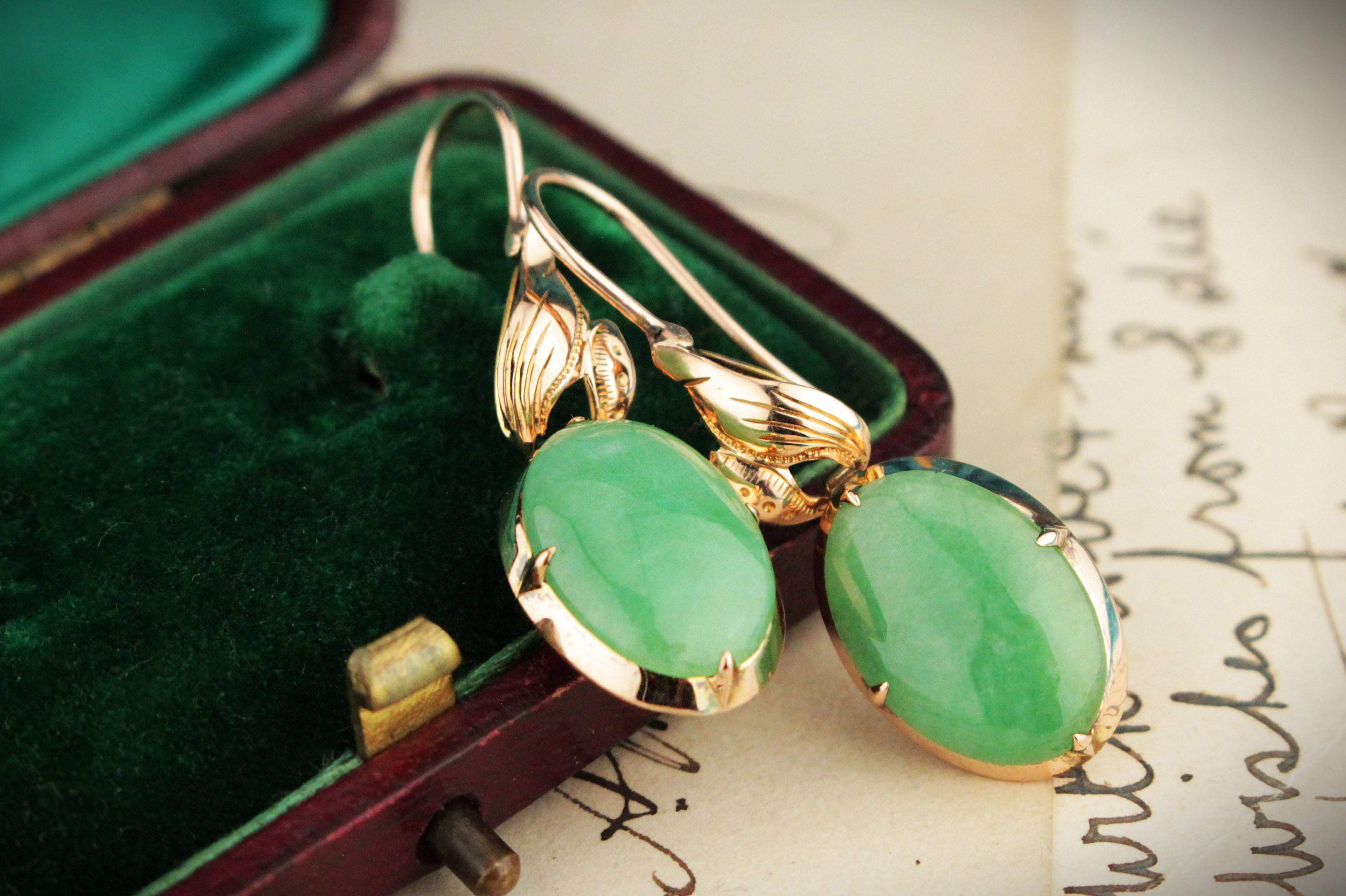 Vintage Style Natural Jade Earrings – 18K Gold Plated, Green Chandelier Dangle Drop, Lucky Jade Brand