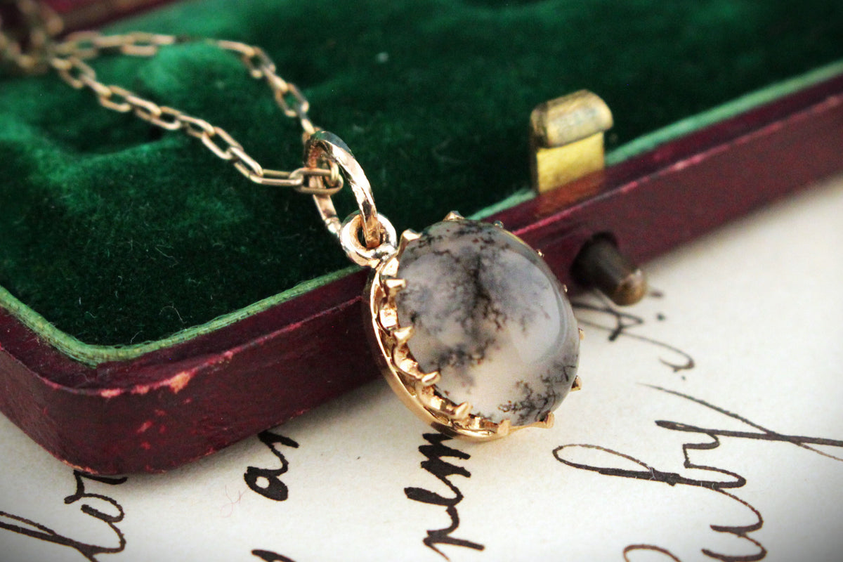 ANTIQUE EDWARDIAN c1900 DENDRITIC AGAGTE PENDANT 9ct  GOLD