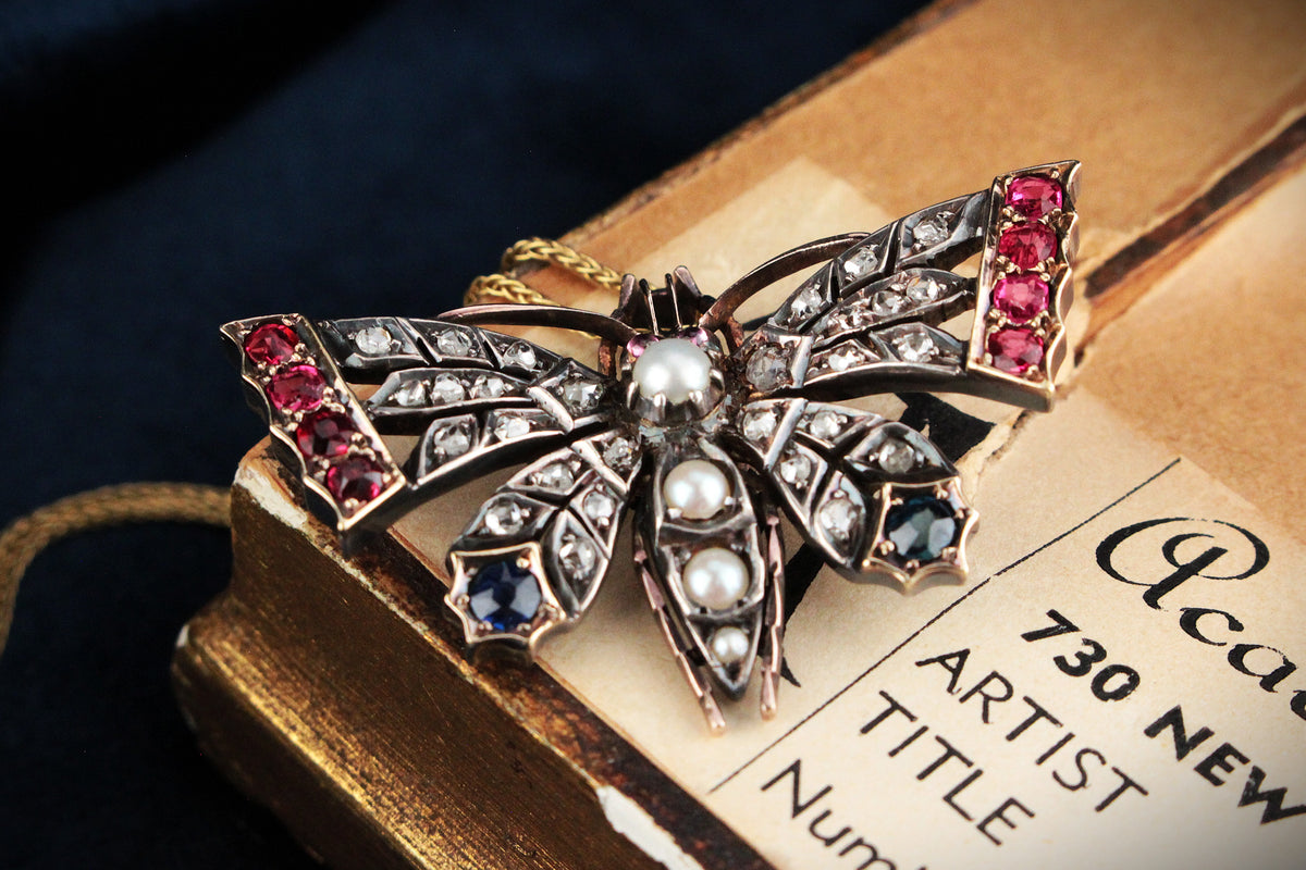 ANTIQUE c1890 DIAMOND SAPPHIRE &amp; SPINEL BUTTERFLY PENDANT/BROOCH