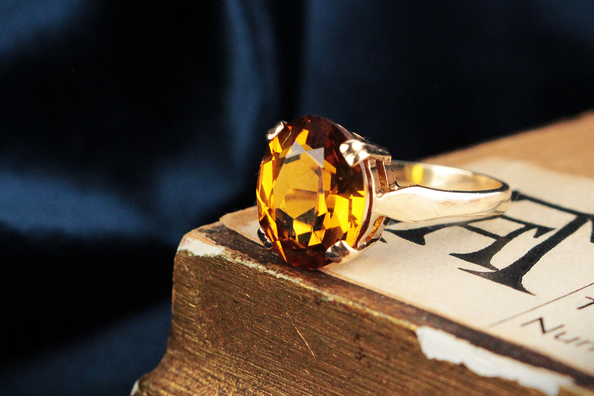 RETRO c1970 MANDARIN CITRINE COCKTAIL RING 9ct GOLD
