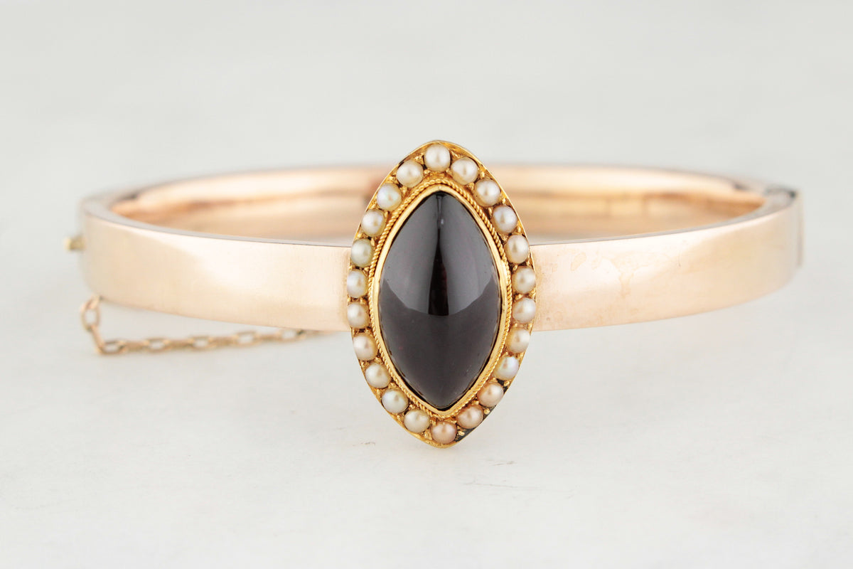 ANTIQUE EDWARDIAN GARNET &amp; SEED PEARL BANGLE 9CT GOLD