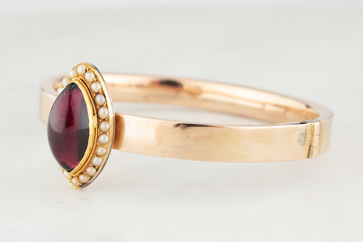 ANTIQUE EDWARDIAN GARNET &amp; SEED PEARL BANGLE 9CT GOLD