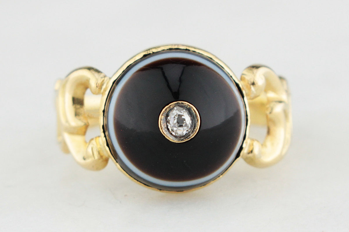 ANTIQUE VICTORIAN BANDED AGATE &amp; DIAMOND RING 18ct GOLD