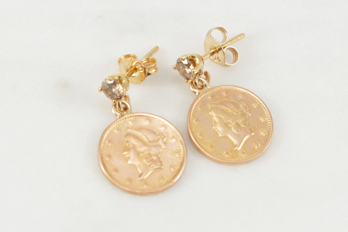 ANTIQUE LIBERTY HEAD COIN &amp; DIAMOND EARRINGS 22ct &amp; 14ct GOLD