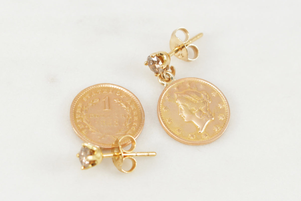 ANTIQUE LIBERTY HEAD COIN &amp; DIAMOND EARRINGS 22ct &amp; 14ct GOLD