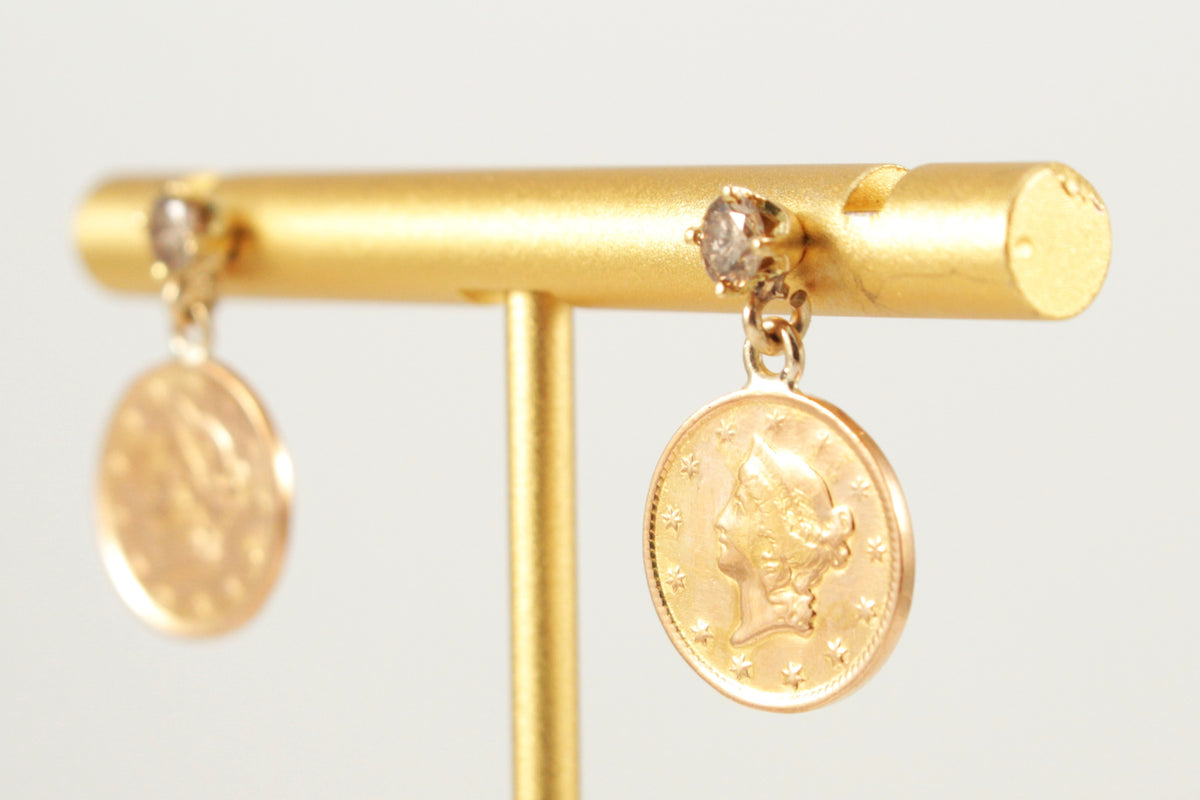 ANTIQUE LIBERTY HEAD COIN &amp; DIAMOND EARRINGS 22ct &amp; 14ct GOLD