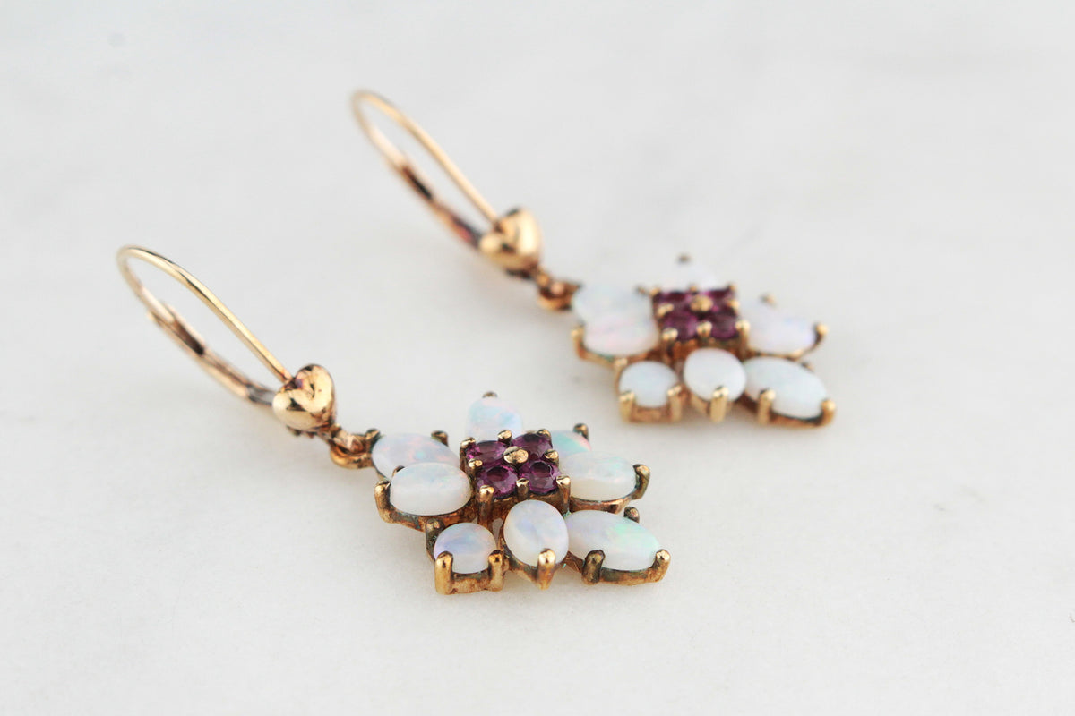 VINTAGE MID CENTURY GARNET & OPAL EARRINGS 9ct GOLD