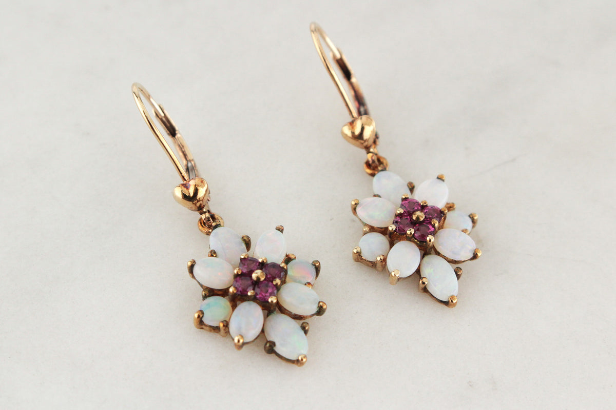 VINTAGE MID CENTURY GARNET & OPAL EARRINGS 9ct GOLD