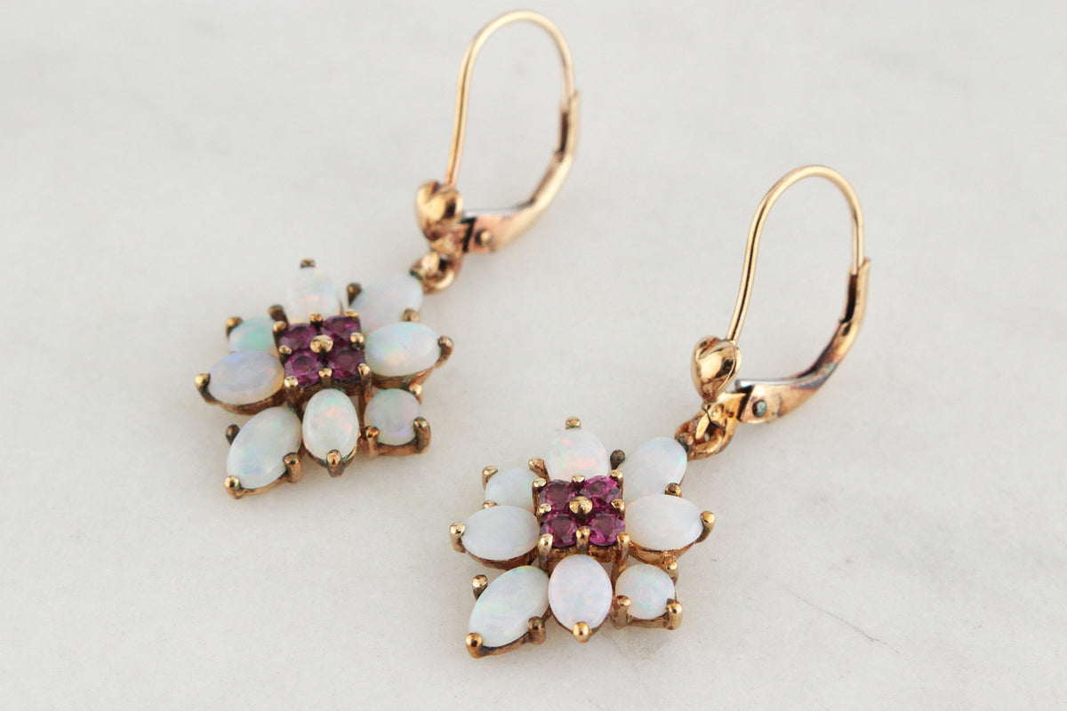 VINTAGE MID CENTURY GARNET & OPAL EARRINGS 9ct GOLD