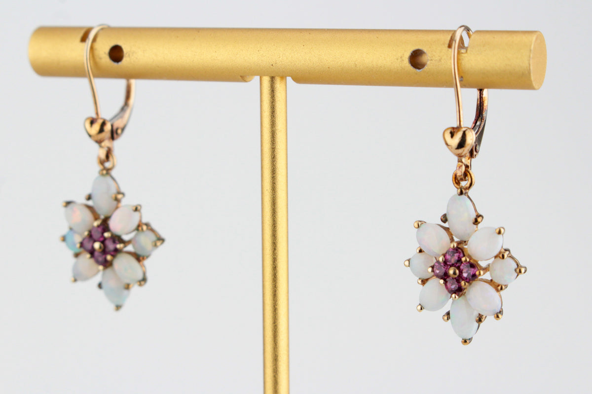 VINTAGE MID CENTURY GARNET & OPAL EARRINGS 9ct GOLD